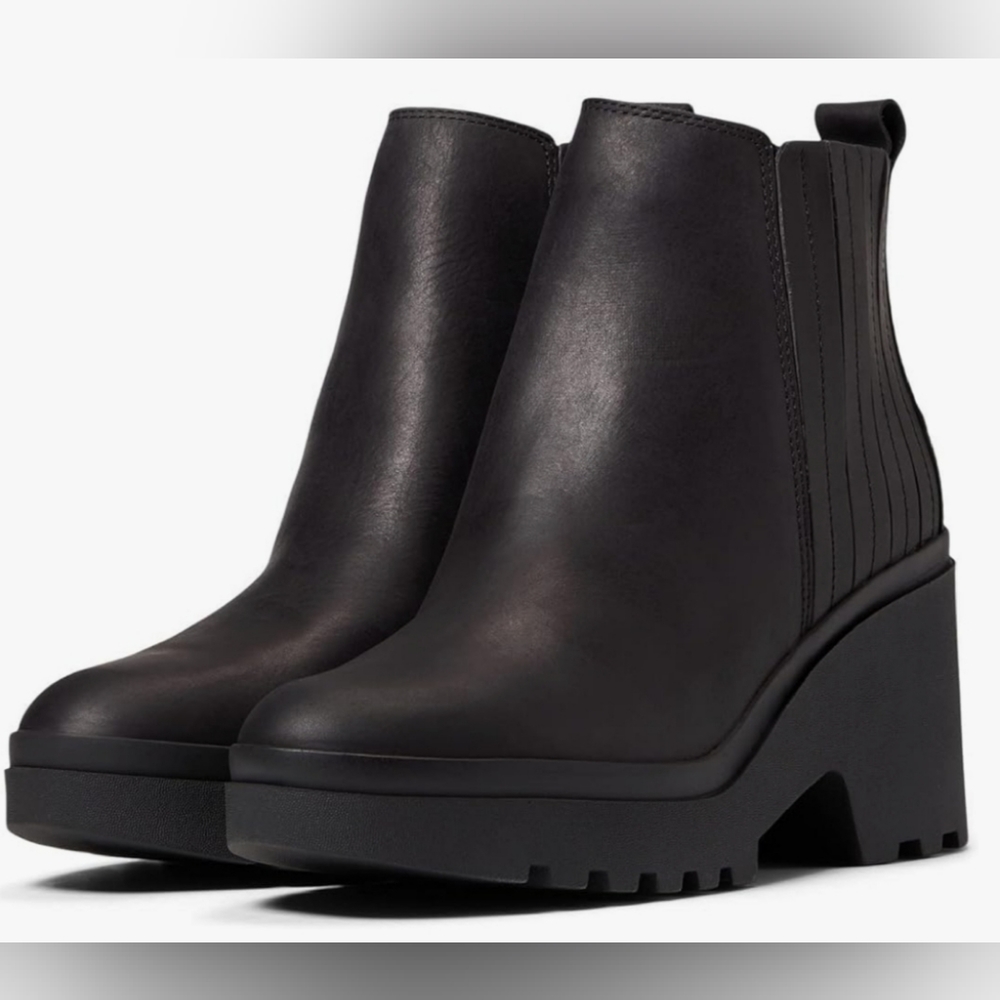 Black Eileen Fisher Kat Pull On Leather Booties Chelsea Wedge Chunky Lug Sole